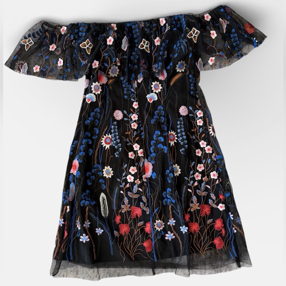 Floral Embroidered Off-Shoulder Dress - Black and Multicolor